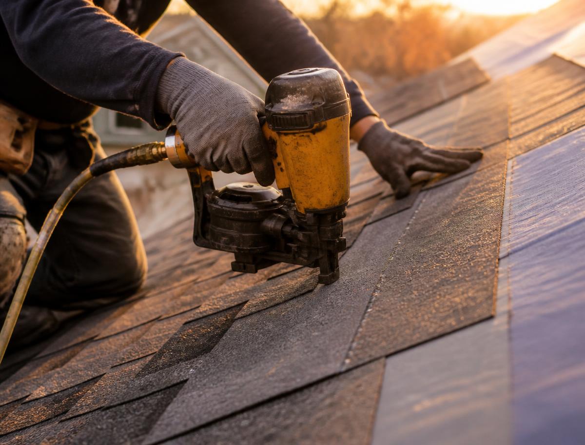 Roofer fastening shingles with a nail gun
