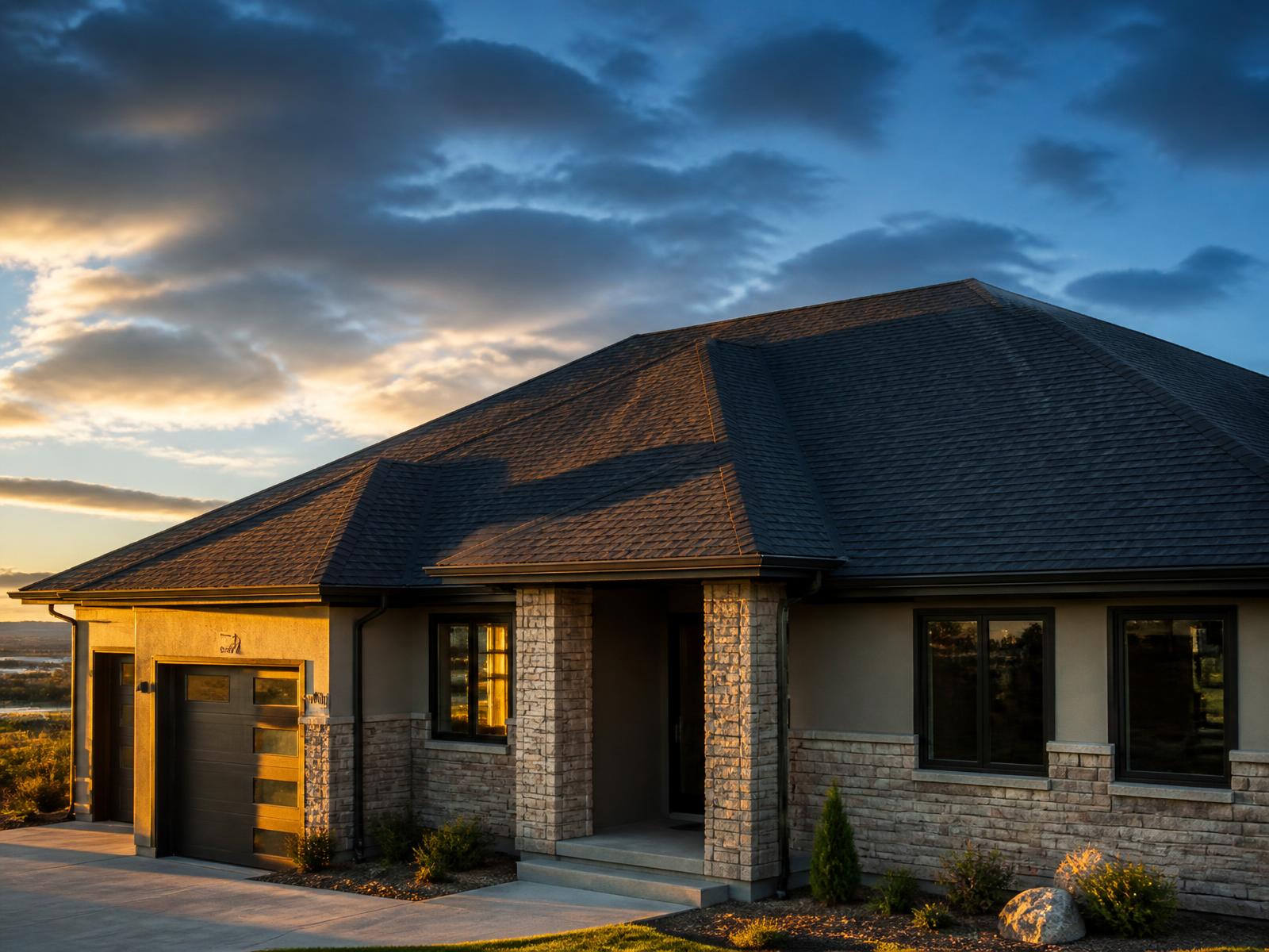 Newly shingled roof on a Lloydminster home at golden hour